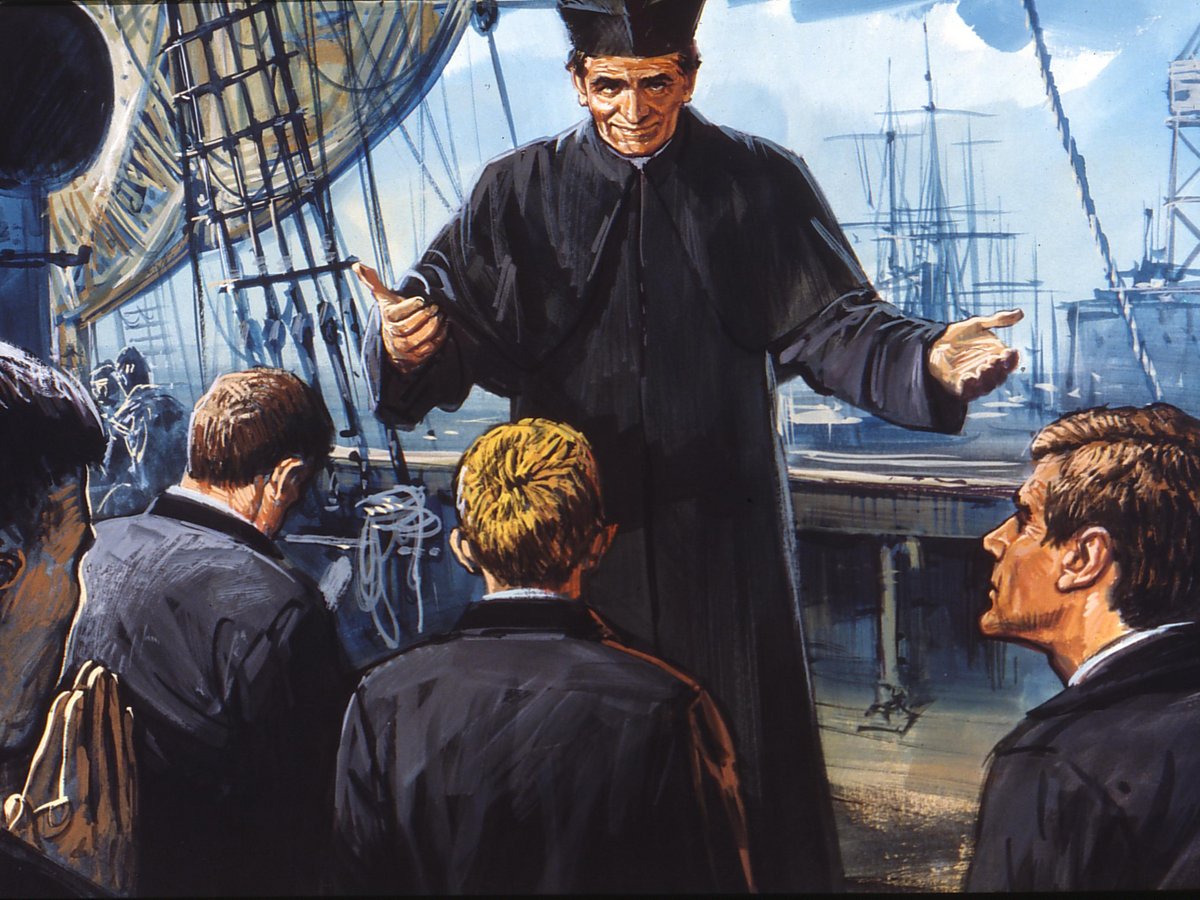 Gemälde: Ein lächelnder Priester mit Birett und ausgestreckten Armen spricht junge Männer in einem belebten Hafen an.