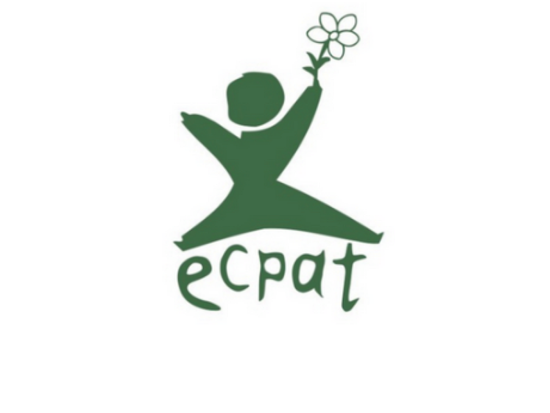 ECPAT-Logo mit stilisierter grüner Kinderfigur, die eine Blume hält, und dem Schriftzug 'ecpat' darunter.